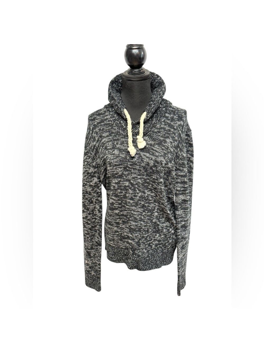 Bluenotes M Black White Marled Hooded Knit Sweater High Neck Cozy